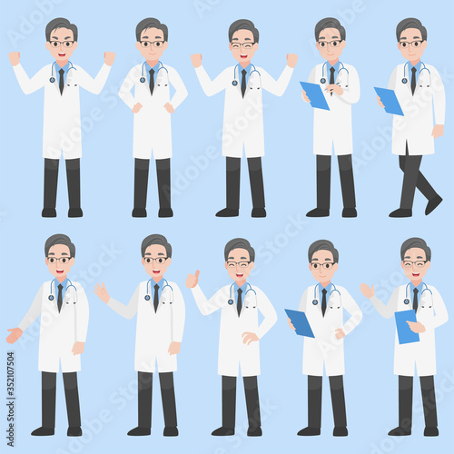 Set of Doctors Character design in various action Cartoon flat Health care concept.