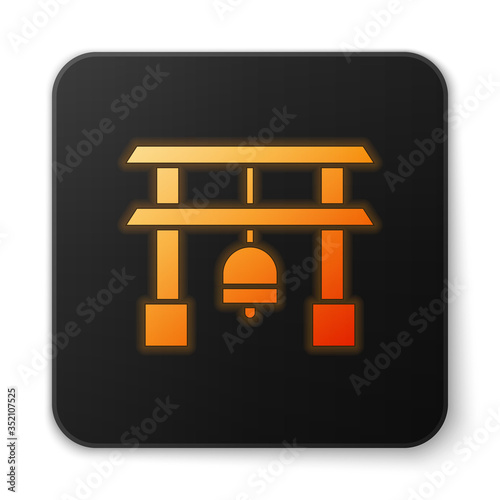 Orange glowing neon Japan Gate icon isolated on white background. Torii gate sign. Japanese traditional classic gate symbol. Black square button. Vector