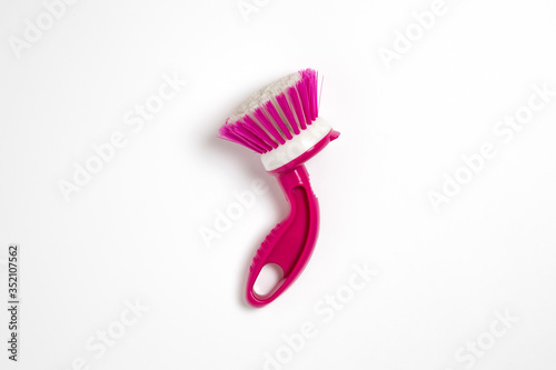 House cleaning brush isolated on white background. Plastic cleaning tool. High-resolution photo.Top view.