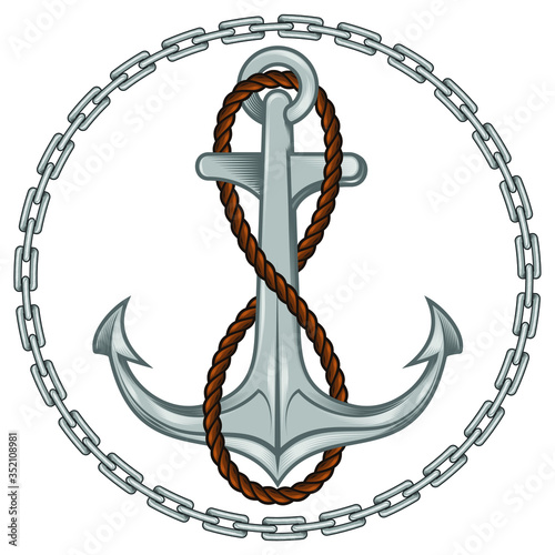 Vector illustration of dock anchor with rope surrounded by chains, on white background photo