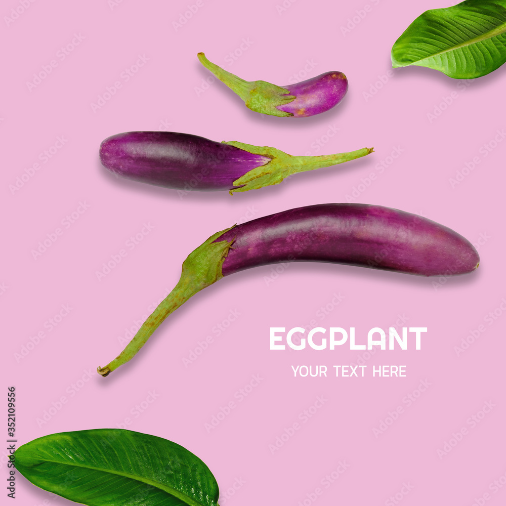 Top view of eggplant on a pink background with space for text.