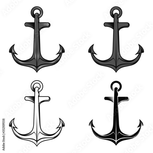 Boat anchor vector illustration in four different styles, on white background