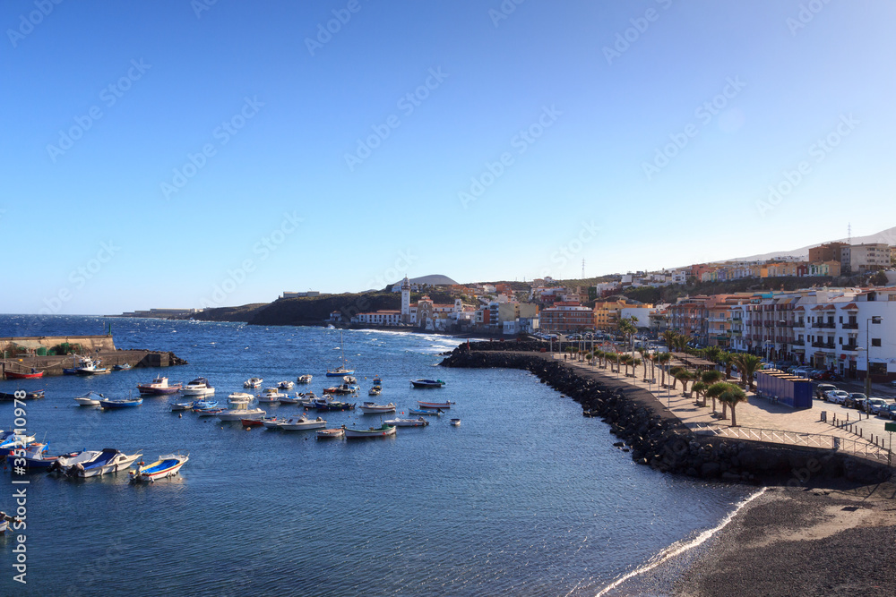 Coastline and port of town Candelaria panorama with Atlantic Ocean on Canary Island Tenerife, Spain