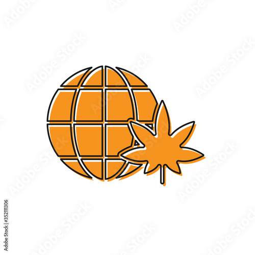 Orange Legalize marijuana or cannabis globe symbol icon isolated on white background. Hemp symbol. Vector
