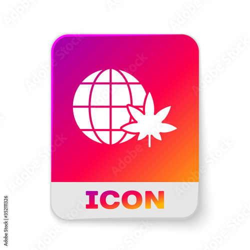 White Legalize marijuana or cannabis globe symbol icon isolated on white background. Hemp symbol. Rectangle color button. Vector