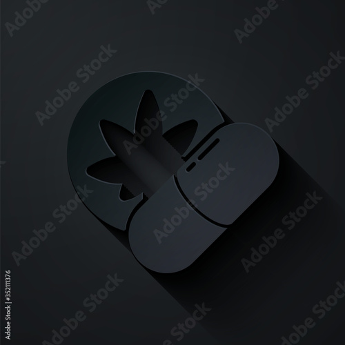Paper cut Herbal ecstasy tablets icon isolated on black background. Paper art style. Vector