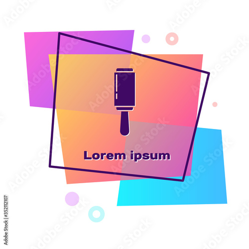 Purple Adhesive roller for cleaning clothes icon isolated on white background. Getting rid of debris, dust, hair, fluff, pet wool. Color rectangle button. Vector