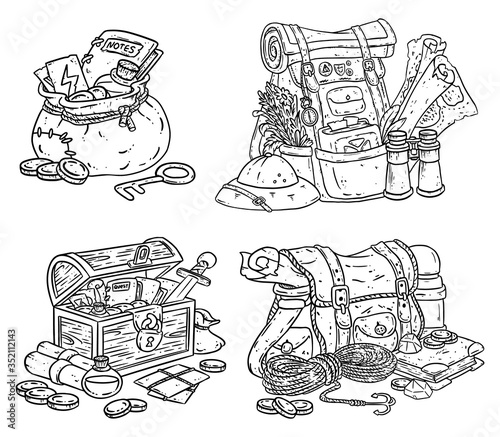 Set of cartoon explorer chast and bags illustrationx for coloring. Fantasy coloring pages chest with adventure items. Treasure comic style doodles. Backpacks, gold coins, map, pouch