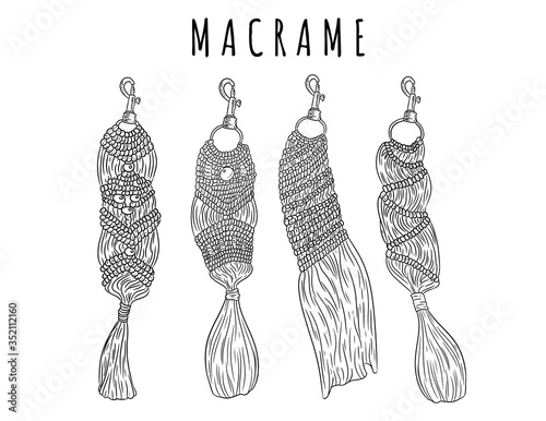 Set of macrame boho style keychains. Collection of textile knotting design charms. Linear modern indigenous macrame elements