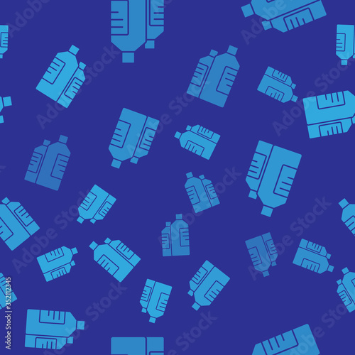 Blue Plastic bottles for laundry detergent, bleach, dishwashing liquid or another cleaning agent icon isolated seamless pattern on blue background. Vector