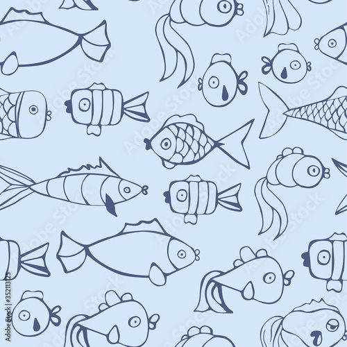 Blue fishes vector seamless pattern. Beautiful handcrafted ocean texture. Creative wallpaper design with little fish. graphic design for paper  textile print  page fill.