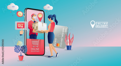 Online Shopping Concept, on Website or Mobile phone Application, Marketing, and Digital marketing. stay at home and using smartphones, fast delivery. Vector for Design illustration 24-hours shopping