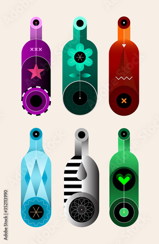 Vertical design of six different colored bottles on a light background,  vector illustration.