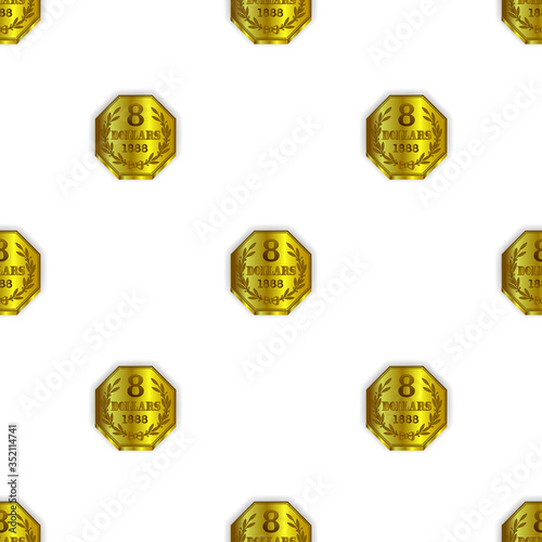 Seamless pattern with clipping mask. Octagonal gold coins with a face value of $ 8, year of issue 1888, staggered EPS10