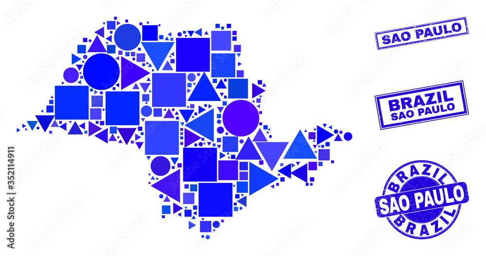 Fototapeta premium Vector mosaic Sao Paulo State map. Geographic collage in blue color shades, and grunge round and rectangle seal stamps. Abstract collage of Sao Paulo State map designed of circle, tringle,