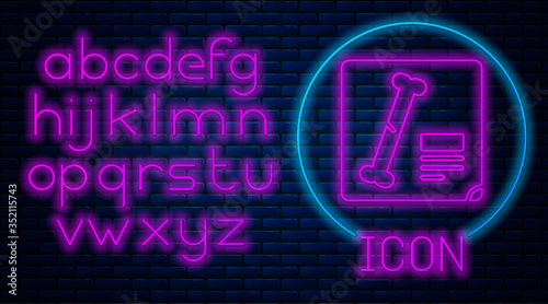 Glowing neon X-ray shots icon isolated on brick wall background. Neon light alphabet. Vector