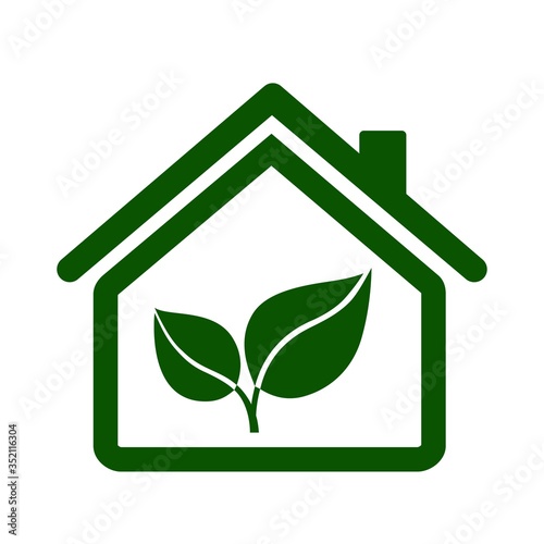 Eco house icon. Environmentally sustainable home or house with green leaves. Vector Illustration