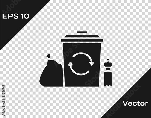 Black Recycle bin with recycle symbol icon isolated on transparent background. Trash can icon. Garbage bin sign. Recycle basket. Vector