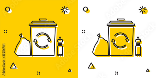 Black Recycle bin with recycle symbol icon isolated on yellow and white background. Trash can icon. Garbage bin sign. Recycle basket. Random dynamic shapes. Vector