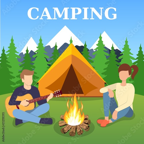 Group of young people are sitting around campfire. Young tourists, campers cartoon characters. Man playing guitar. Vector illustration in flat style