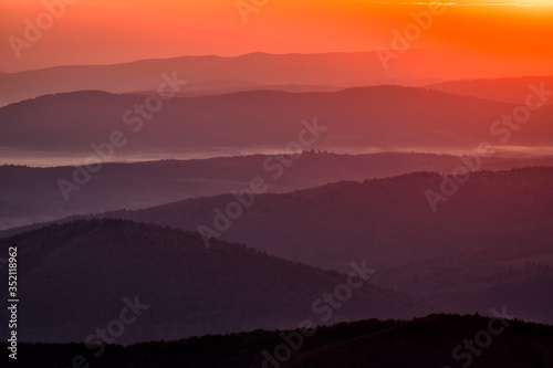 Wonderful sunrise in the mountains. A view from the Polonina Carynska. Bieszczady National Park. Carpathians. Poland.