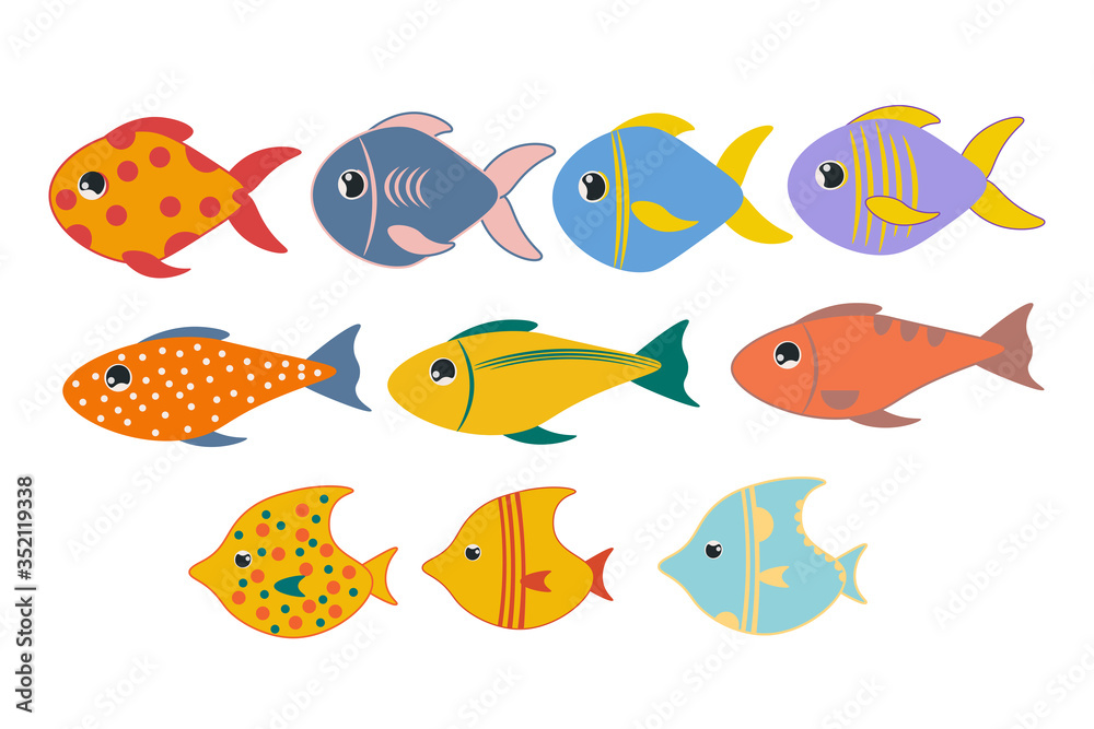 Set of aquarium exotic fishes on the white background. Vector EPS10 illustration.