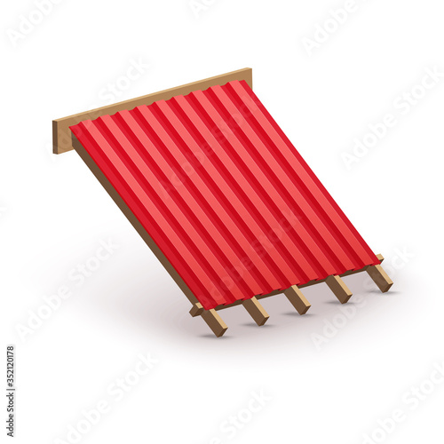 Red metal roofing cover on the roof. Element concept for building construction and repair. Vector Illustration isolated on white background.