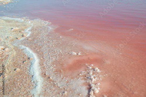 Salty pink lake with crystals of salt, detail. Unusual landscape. Salt mining industry. Extremely salty pink lake, colored by microalgae with crystalline salt depositions in Torrevieja, Spain, Europe photo