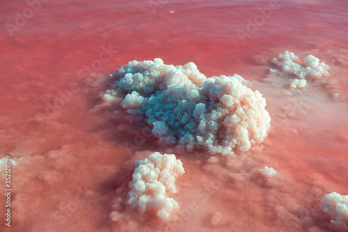 Salty pink lake with crystals of salt, detail. Salt mining industry. Extremely salty pink lake, colored by microalgae with crystalline salt depositions in Torrevieja, Spain, Europe photo