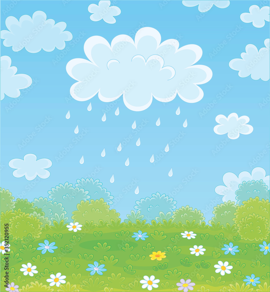 Funny plump rain cloud with dripping raindrops over a green field with beautiful flowers on a pretty summer rainy day, vector cartoon illustration Funny plump rain cloud with dripping raindrops over a green field with beautiful flowers on a pretty summer rainy day, vector cartoon illustration