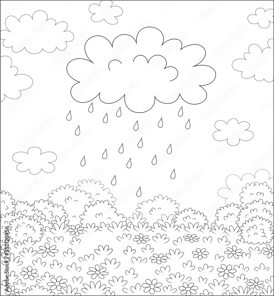 Funny plump rain cloud with dripping raindrops over a field with beautiful flowers on a pretty summer rainy day, black and white vector cartoon illustration for a coloring book page