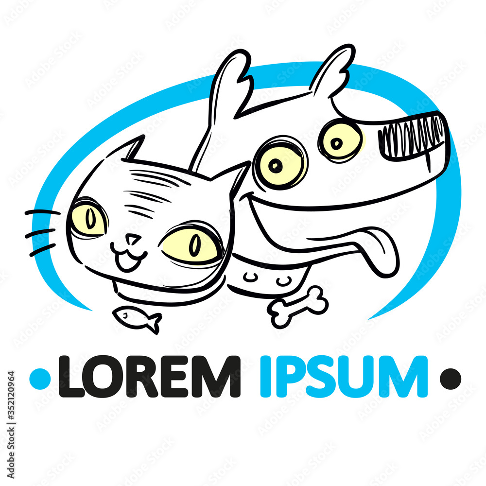 Cartoon happy dog and cat faces icon, sketchy hand drawn vector logo ...