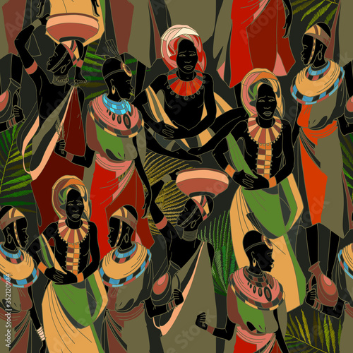Beautiful black females. People of South Africa. African women silhouettes in national clothes horizontal seamless pattern
