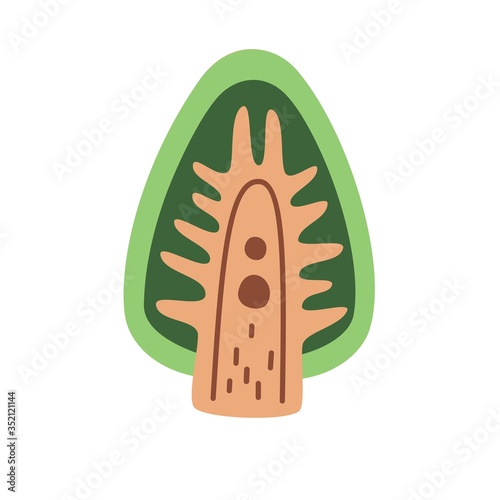 Cartoon fir tree sticker, flat style vector stock illustration. Forest wild green plant icon, art print for nursery. Eco logo.