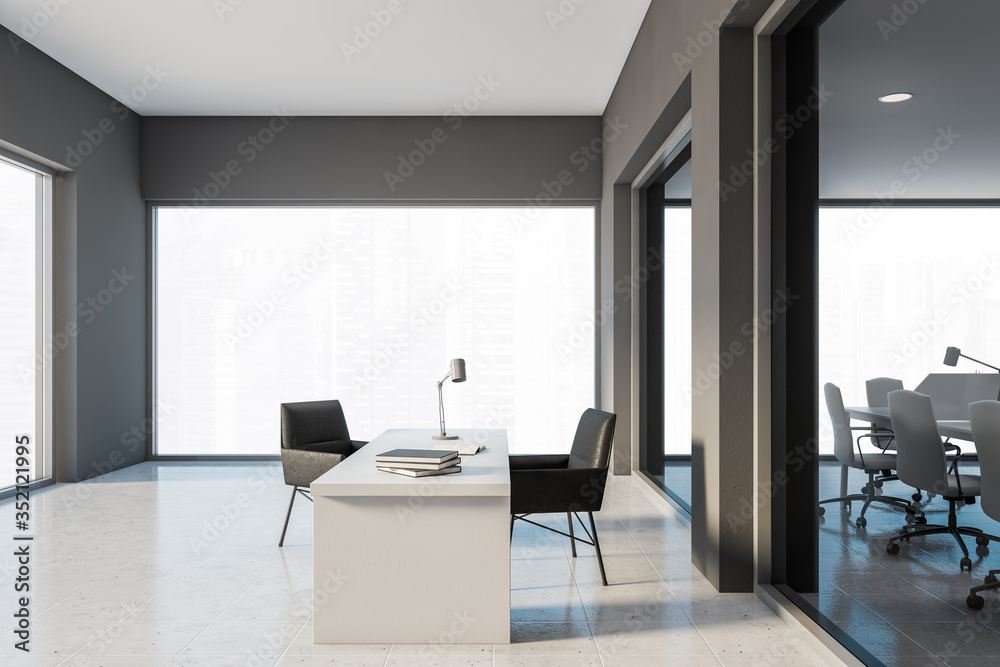Grey CEO office with black chairs Grey CEO office with black chairs