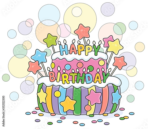 Fancy colorful and sweet birthday cake decorated with color letters candles, vector cartoon illustration isolated on a white background