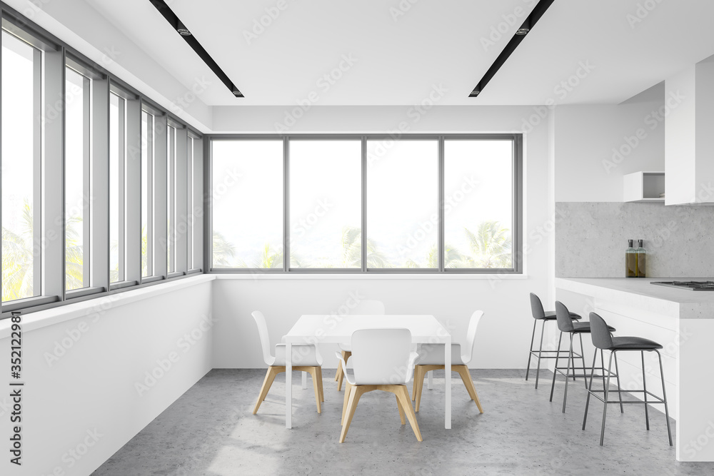 Panoramic white kitchen with bar and table