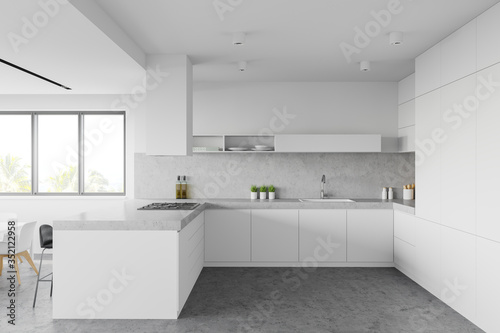 White kitchen with bar  side view