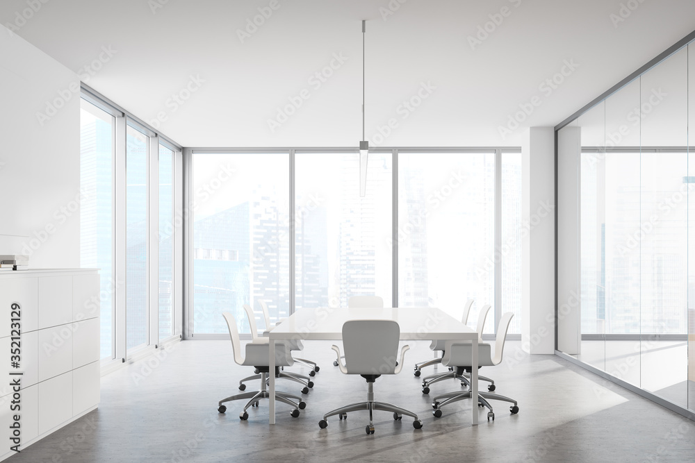 Panoramic white meeting room interior Panoramic white meeting room interior