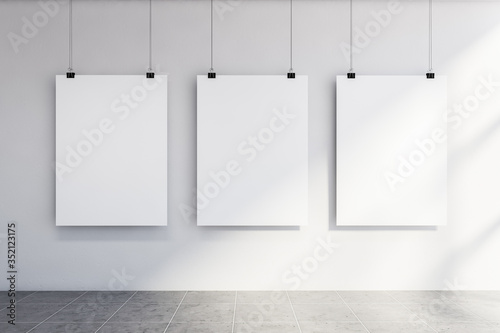 Three vertical mock up posters on white wall