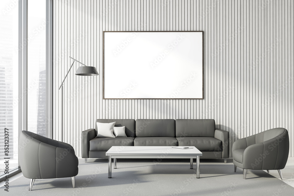 Panoramic white lounge interior, poster and sofa