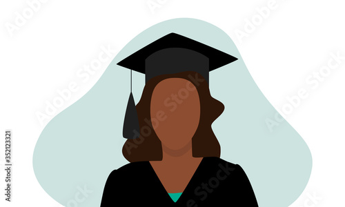 Vector illustration of black woman in graduation cap with tassel and gown with green shirt under and an abstract blob behind, isolated on white background. Great for graduate celebrations and banners.