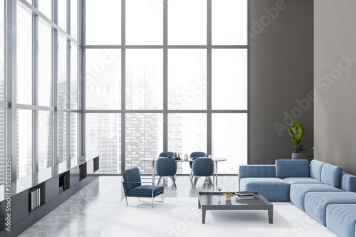 Grey living room and dining room interior