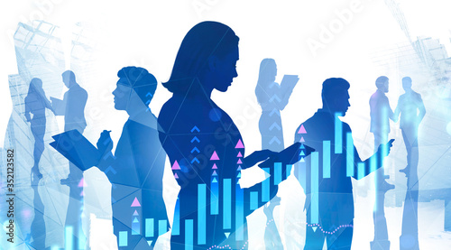 Woman with tablet in city and her team  graph