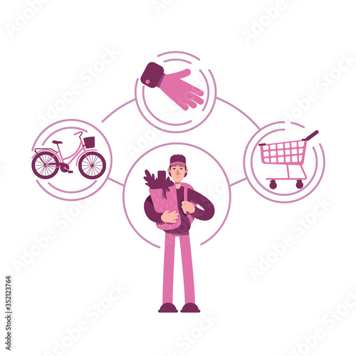 Everyman archetype flat concept vector illustration. Young man with shopping bag 2D cartoon character for web design. Student holding grocery purchase. Regular guy personality type creative idea