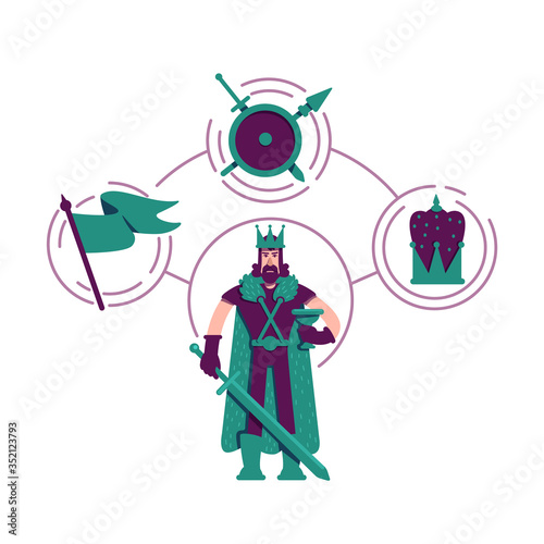 Ruler archetype flat concept vector illustration. Medieval king 2D cartoon character for web design. Middle ages lord shield, crown and flag symbols. Monarch personality type creative idea