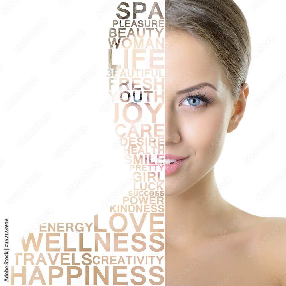 Beauty collage, woman's face with words on half of her face. Young