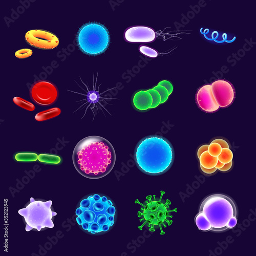 Bacteria realistic vector icons set. Pathogen illustration. Microbiological research. 3d isolated color microorganisms of various shapes under microscope on dark blue background. Bacterial cells pack
