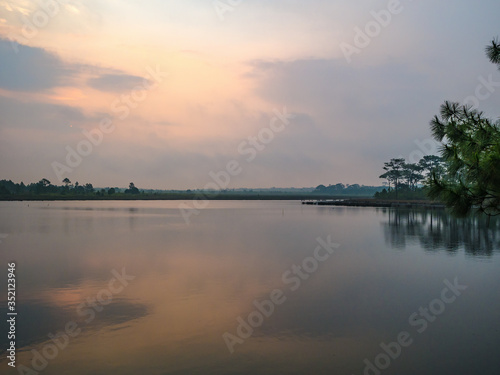Sunrise Scenery view at reservoir on Phu Kradueng mountain national park in Loei City Thailand.Phu Kradueng mountain national park the famous Travel destination