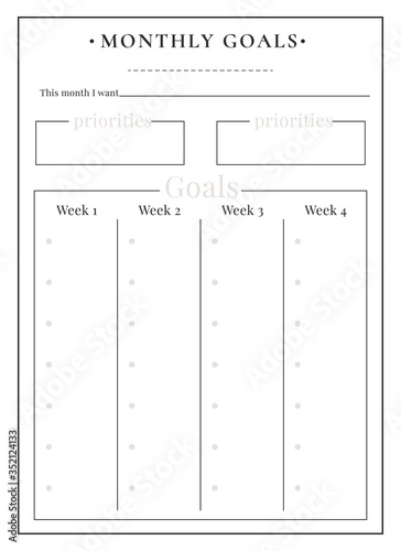 Monthly tasks minimalist planner page design. Priorities memo box. Write achievement. Wish and resolution. Weekly track bullet journal printable sheet. Personal organizer. Notebook vector template
